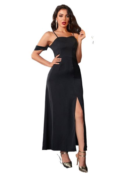 

cold shoulder slit thigh prom dress m7r0#, Black;gray