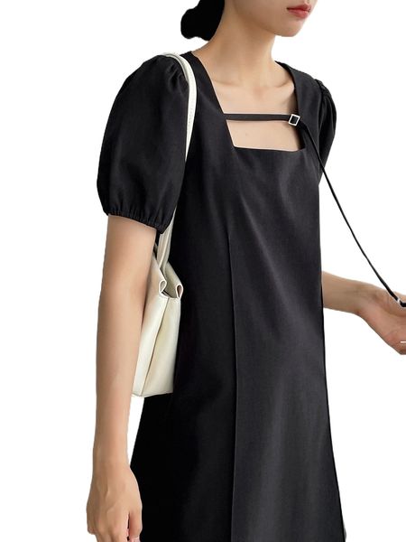 

dazy-less buckle strap square neck puff sleeve dress 13ja#, Black;gray