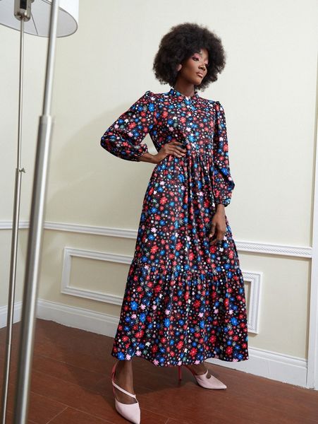 

x flor fuertes floral print mock neck ruffle hem dress i973#, Black;gray