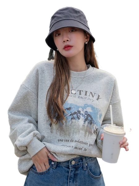 

dazy mountain & slogan graphic drop shoulder thermal pullover c8nj#, Black