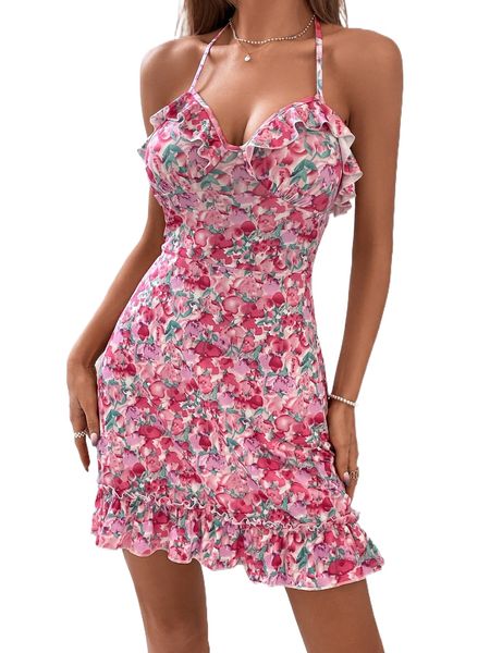 

allover floral print tie backless ruffle hem halter dress z9i7#, Black;gray