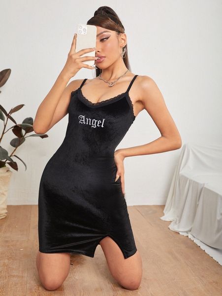 

petite letter embroidery lace trim velvet dress d7n7#, Black;gray