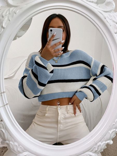 

color block drop shoulder sweater 52qm#, White;black