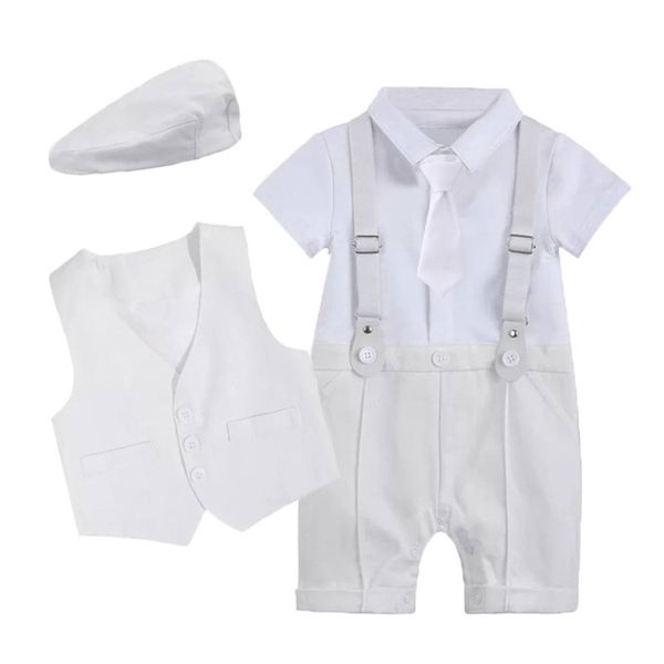 

newborn kids performance sets bows tie short sleeve romper waistcoat hat 3pcs 2022 summer toddler boys birthday party outfits q7493, White