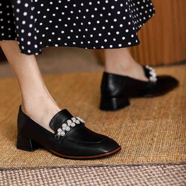 

dress shoes fashion women pumps spring summer pearl med heels party woman genuine leather female brand prom loafers 220318, Black