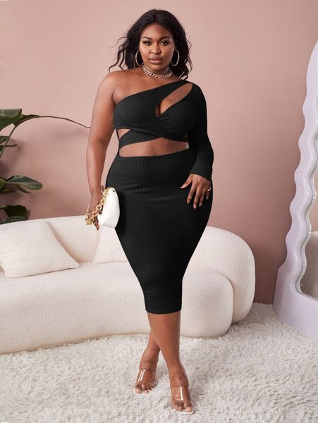 

sxy plus one shoulder cross wrap cut out dress q9wd#, Black