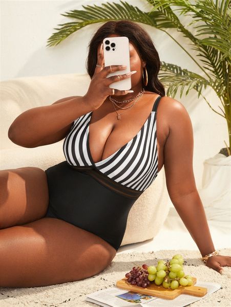 

plus striped contrast mesh one piece swimsuit a7l7#, White;black