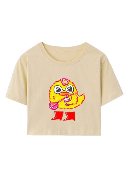 

romwe x emi bee chicken print crop tee j6se#, White