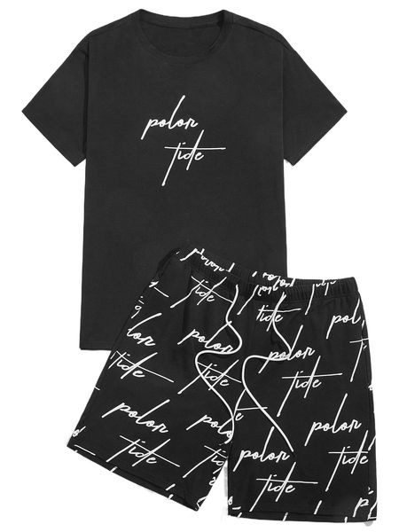 

extended sizes men letter graphic tee & drawstring waist shorts p1rq#, Gray