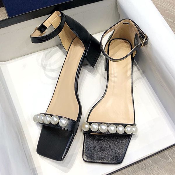 

sandals designer 2021 autumn new fairy style square head pearl exposed toe one-way belt buckle leisure fashion thick heel sandals women&#039, Black