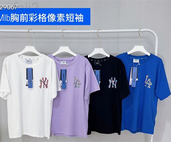 

women's t-shirt designer 2022 summer new korean mlb color grid pixel ny printed loose cotton round neck short sleeve t-shirt, White