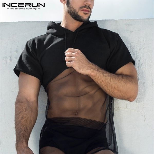 

incerun fashion men t shirt hooded mesh patchwork see through pullovers short sleeve streetwear casual men clothing 7 d220611, White;black