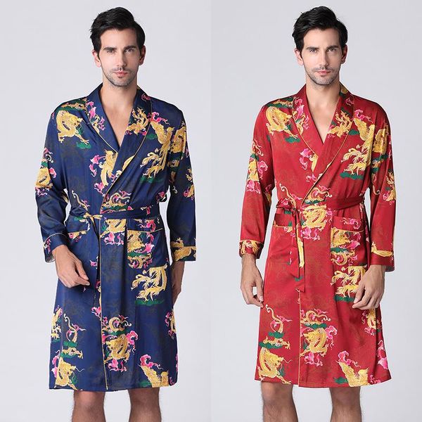 Menas de dormir de roupas de dormir masculinas 2022 Menções masculinas de seda quimono mangas compridas pijamas elementos chineses na primavera verão pamas vestido masculino em casa sleepwea