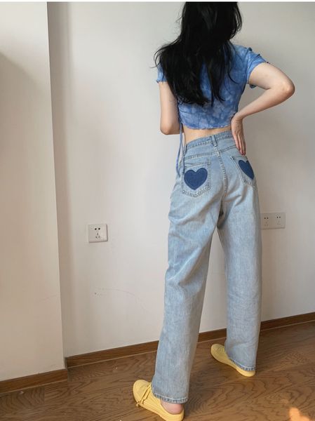 

women's jeans love printed long for women casual black blue patch designs pant female summer loose straight wide-leg trousers