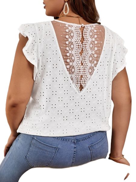 

plus eyelet embroidery scallop trim tee c89u#, Black