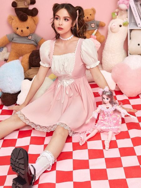 

romwe lace up puff sleeve lace up dress r2cs#, Black;gray