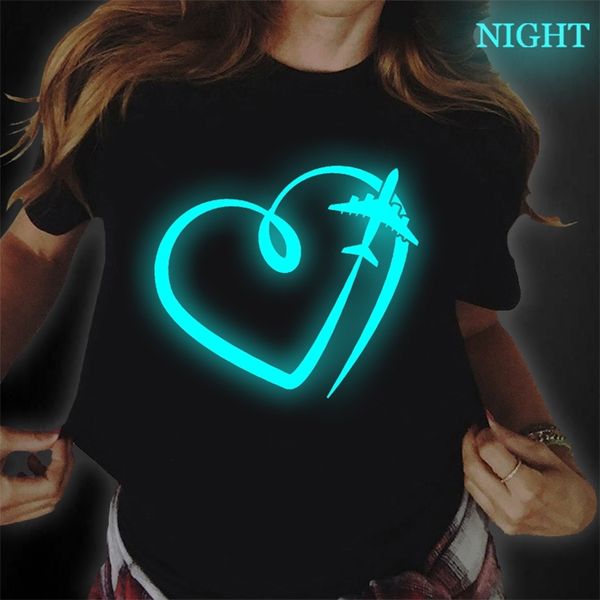 

hip hop tshirt heartbeat plane love print luminous tees short-sleeve harajuku aesthetics funny fashion brand women t shirt 220705, White