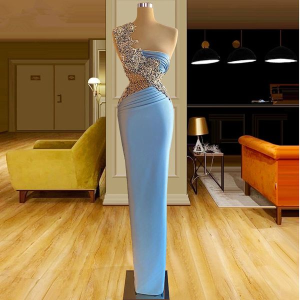 

luxury pearls beaded sky blue prom dresses pleats straight evening dress custom made floor length sleeveless sweep train red carpet celebrit, Black;red