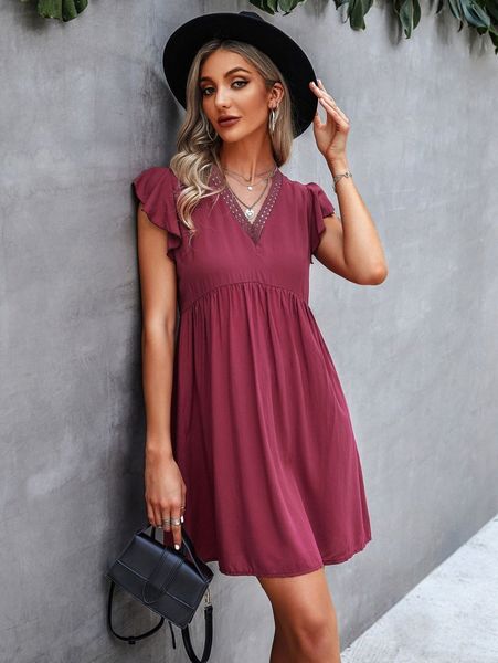 

guipure lace panel ruffle trim dress m7g3#, Black;gray