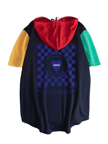 

men checkered & slogan graphic colorblock drawstring hooded tee g8vb#, White;black