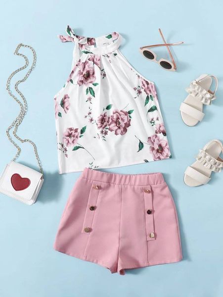

girls tie neck floral halter & shorts set she, White