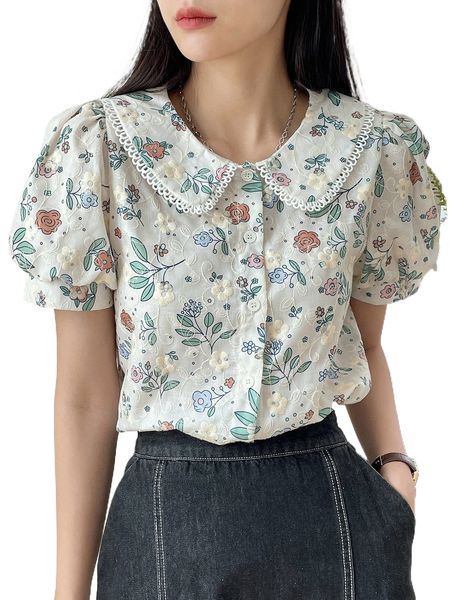 

dazy floral embroidery peter pan collar puff sleeve blouse x15j#, White