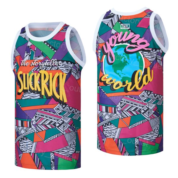 Herren Movie Basketball Slick Rick Jersey Young World Hip Hop Uniform College für Sportfans High School University Atmungsaktive Stickerei Teamfarbe Camo Gute Qualität