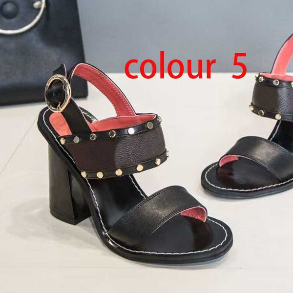 

classic high heeled sandals slippers party 100% leather women dance shoe designer letter heels 10cm rivet lady metal belt buckle thick heel, Black