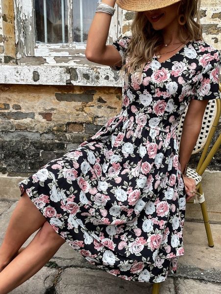 

floral print two layer hem dress n92n#, Black;gray