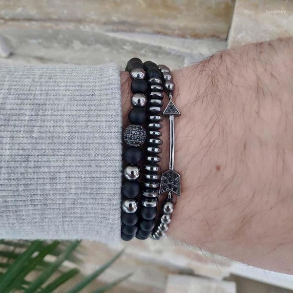 Bracelets de charme 3pcs/set miçangas de pedra fosca naturais conjuntos de pulseira homens de cobre seta de bola de cobre feminino de casal de jóias de jóias