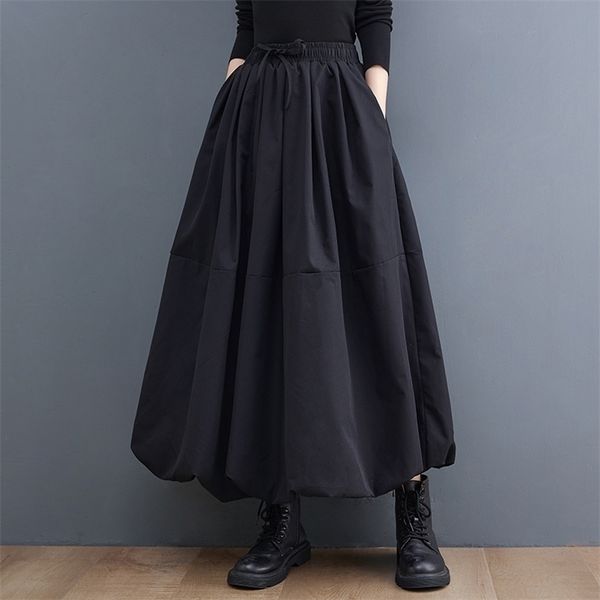 

black vintage high waist pleated skirt women plus size fashion drawstring loose casual midi skirts clothes autumn winter 220401