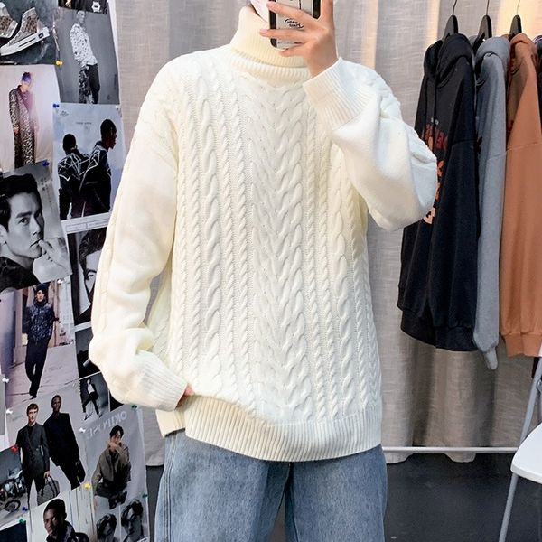 Suéter branco masculino gúmula de gola alta de mangas compridas suéter de malha de malha coreana de streetwear suéters Men suéteres L220801