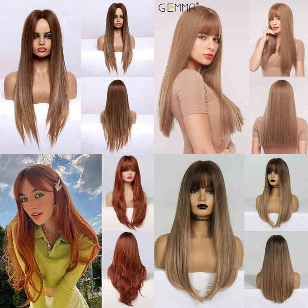 

long straight ombre black orange wine red wig with bangs synthetic s for women heat resistant layered cosplay daily 220622