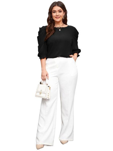 

plus solid lantern sleeve blouse m3uc#, Black