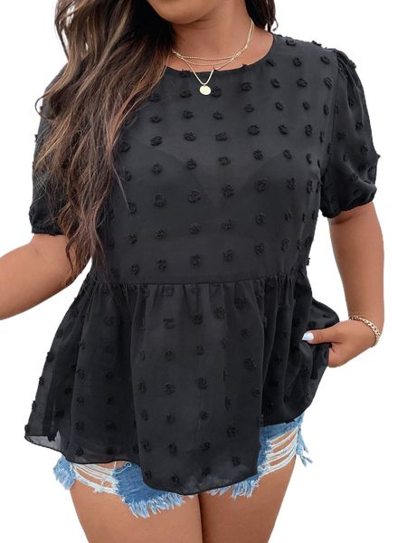 

plus swiss dot puff sleeve peplum blouse p2s0#, Black