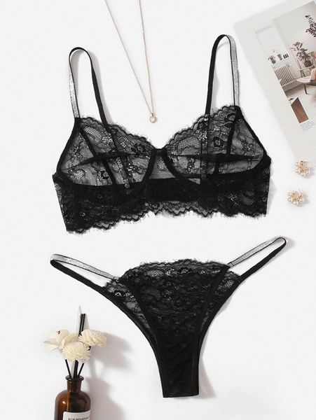 

plus floral lace sparkly glitter tape lingerie set l6xj#, Black;white