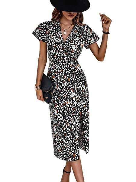 

allover print butterfly sleeve split thigh dress l80e#, Black;gray