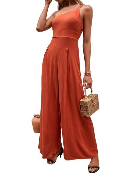 

one shoulder fold pleated wide leg jumpsuit q0s4#, Black;white