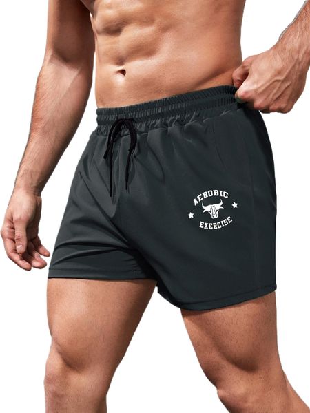 

men cattle & letter graphic drawstring waist sports shorts h1jn#, White;black