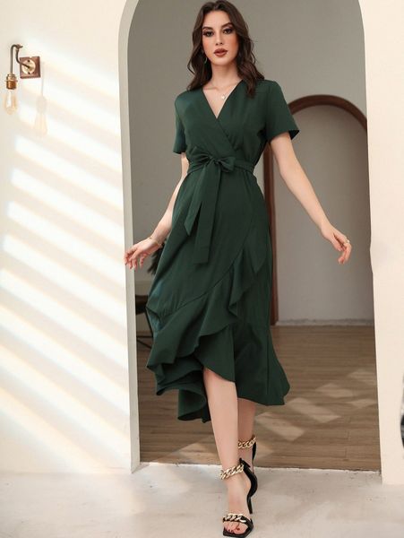 

ruffle tulip hem belted dress g3gk#, Black;gray