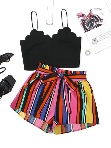 

plus scallop trim cami & striped paper bag waist belted shorts p1yi#, Black