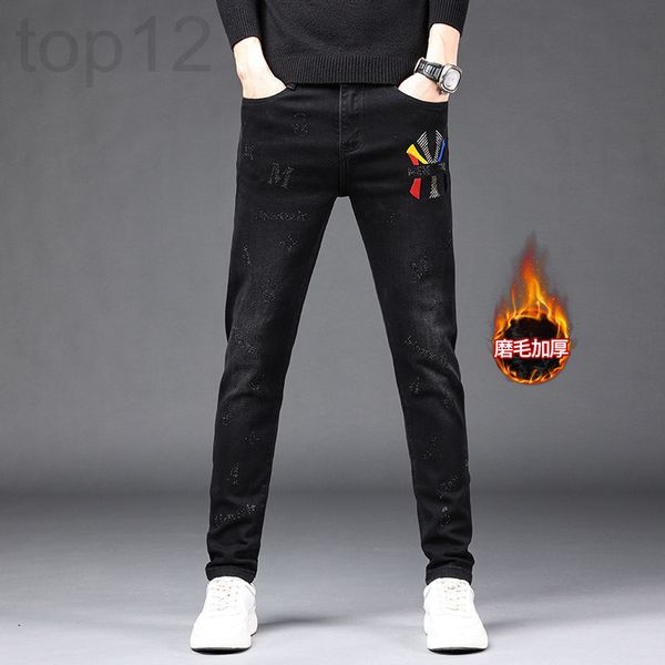

men's jeans designer trendy jeans men's wear youth drill leisure elastic slim fit small feet winter plush denim black trousers zch, Blue