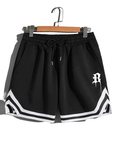 

men letter graphic striped trim shorts 92df#, White;black