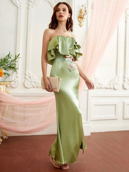 

floral embroidery appliques ruffle split hem formal dress n2os#, Black;gray