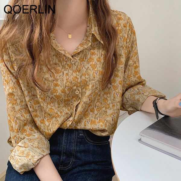 

retro floral lapel shirt spring korean french loose blouse women single breasted yellow flower chic streetwear outfits 210412, White