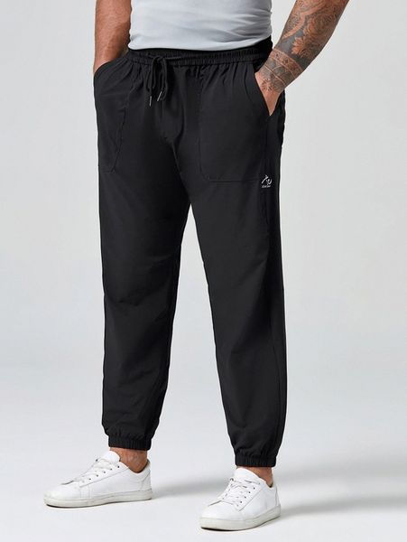 

extended sizes men letter patched detail drawstring waist pants o34l#, Black