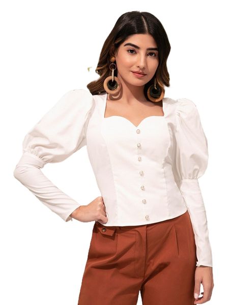 

modely leg-of-mutton sleeve button front blouse g95t#, White