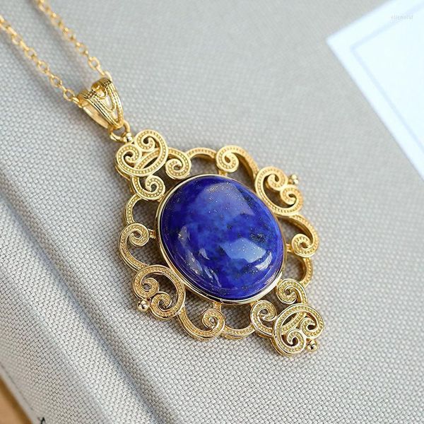 Ketten Lapis Lazuli Retro Gericht Stil Licht Luxus Geometrische Halsketten Antike Gold Handwerkskunst Exquisite Anhänger Damen SchmuckKetten Ell