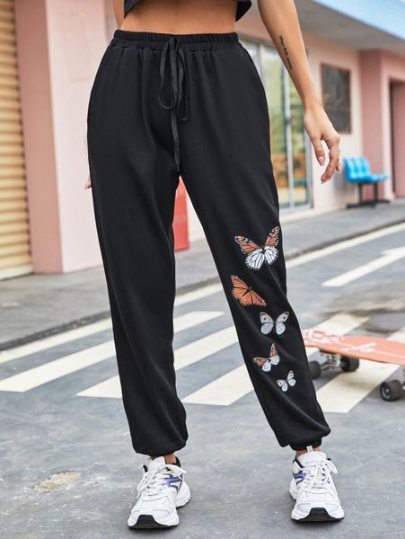 

butterfly print tie waist sweatpants 29tj#, Black;white