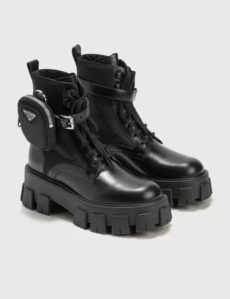 Monolith Custodia in nylon in pelle nera Stivali da combattimento alla caviglia con plateau Zeppe allacciate con punta tonda Tacco a spillo Stivaletti piatti grossi designer di lusso per calzature da donna 35